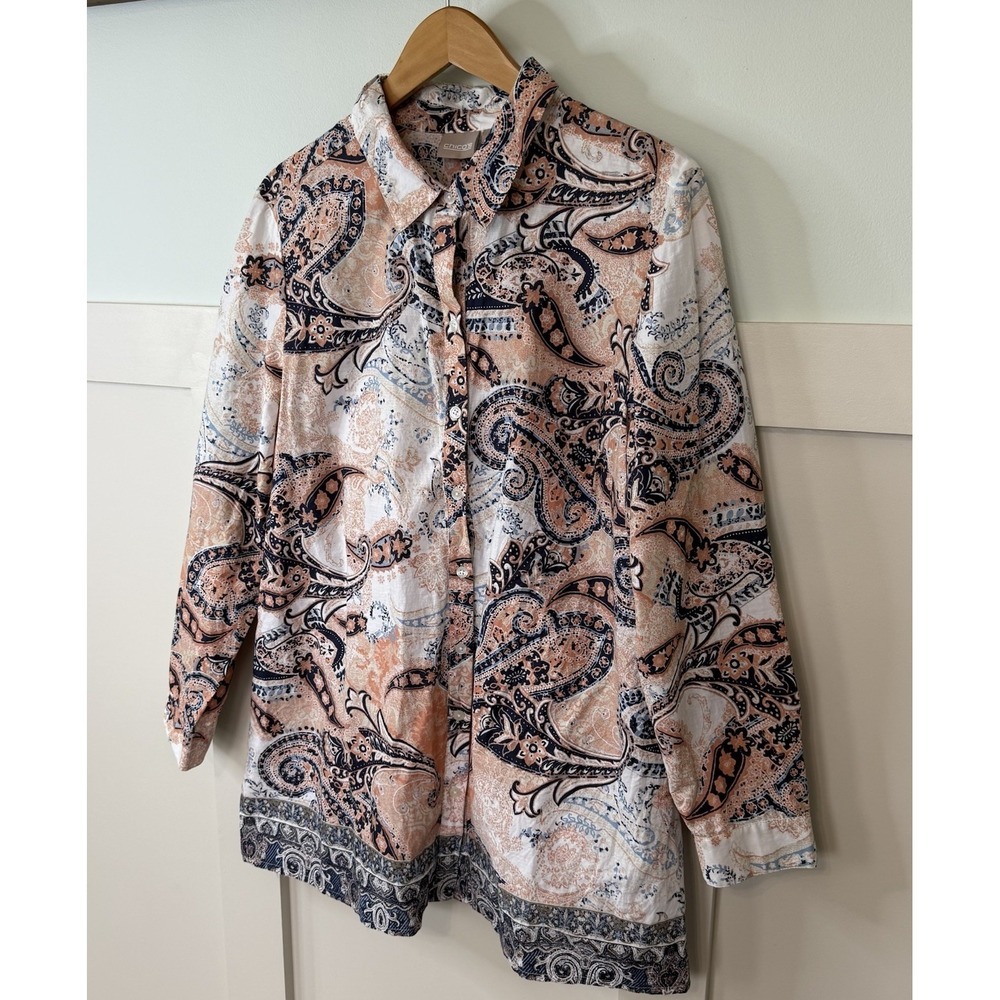 Chicos No Iron Button Front Blouse Size 3 XL Paisley‎ 3/4 Sleeve Business Casual